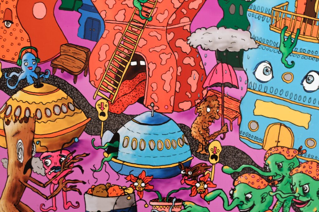 colorful fantasy city with spaceship