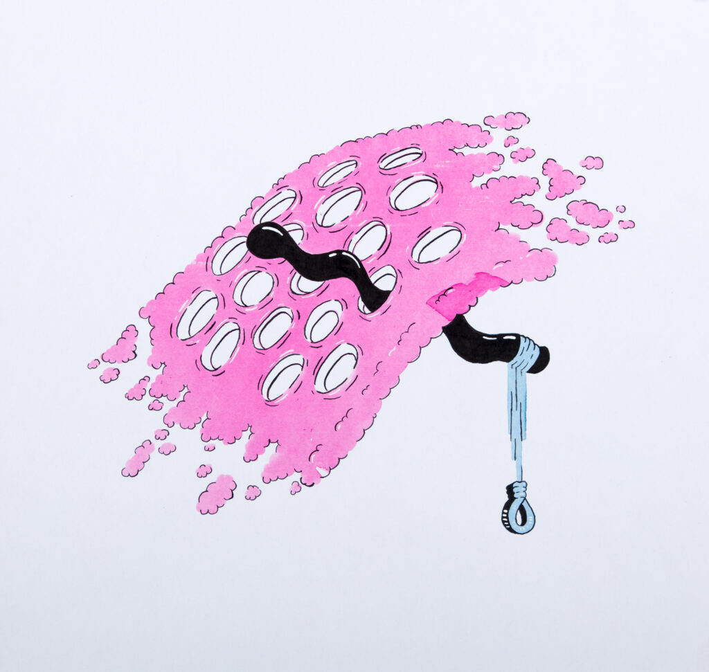 print of a black worm-like shape going through one of a series of holes in a cloud-like structure