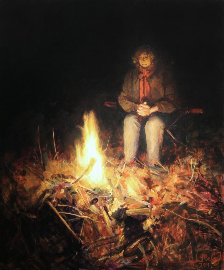 painting of a woman in front of camp fire in the dark