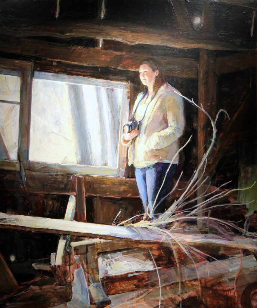 painting of woman with camera in barn