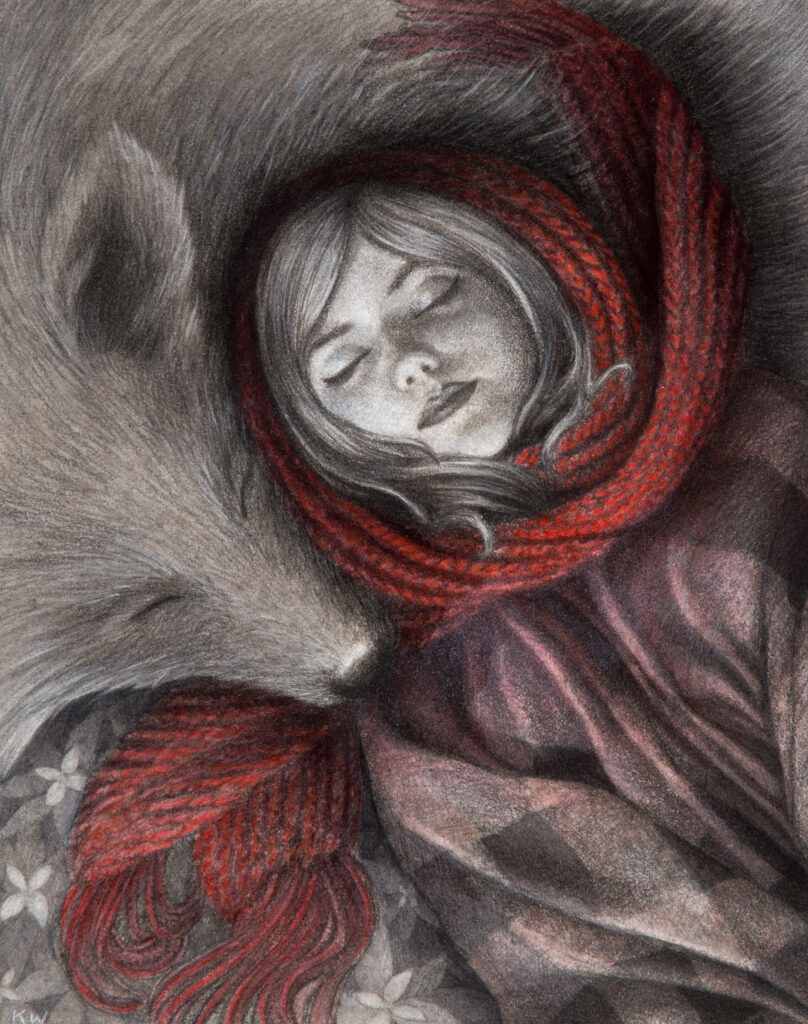 drawing of girl with eyes closed and red scarf