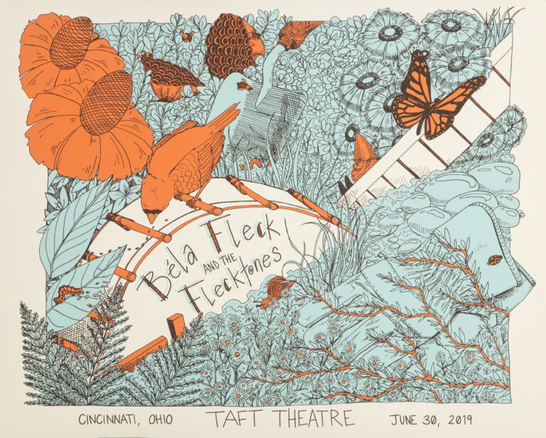 bela fleck rock poster design with birds and flowers