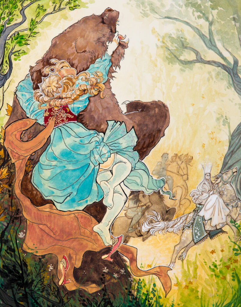 fairy tale style illustration with character in blue dress