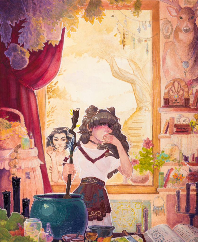 illustration of character stirring cauldron in apothecary room