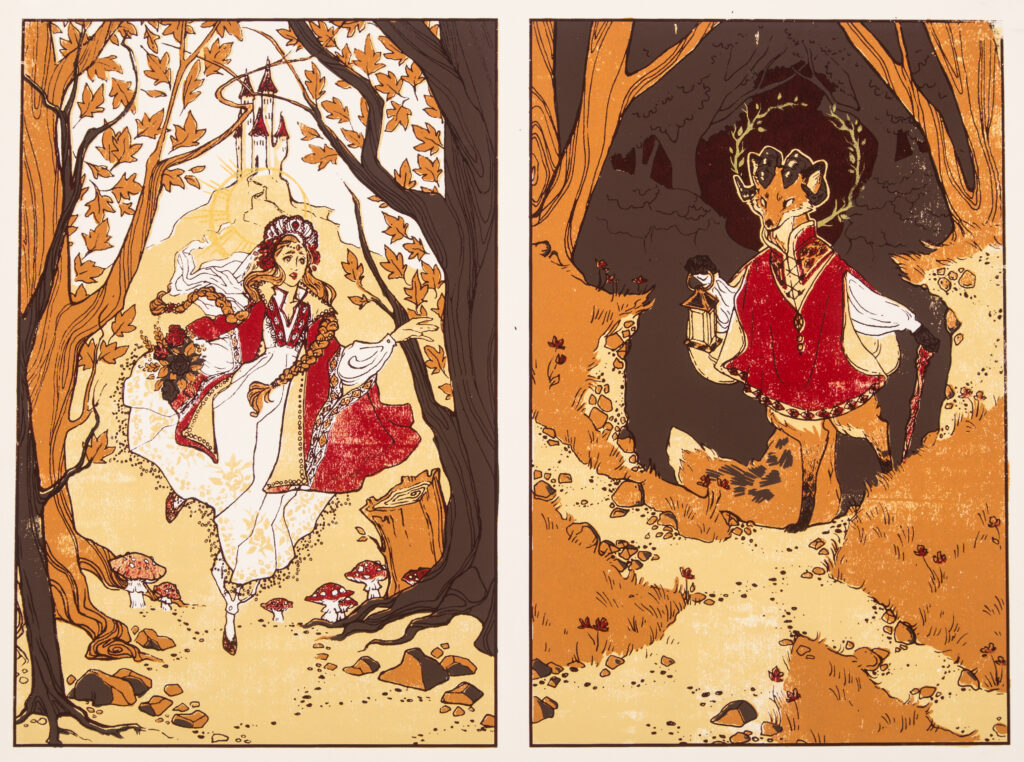 illustration of person and fox in woods with castle