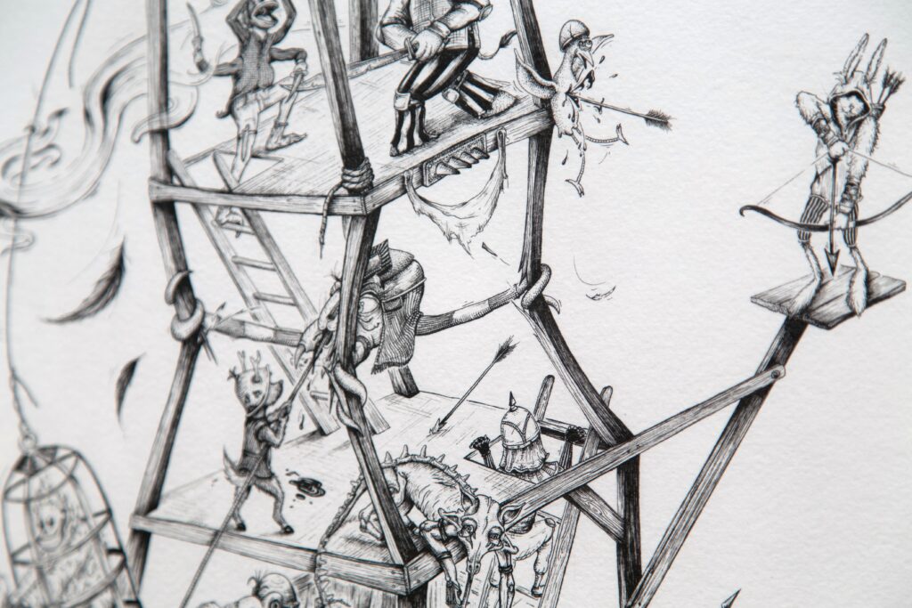 very detailed ink drawing of scaffolding and figures