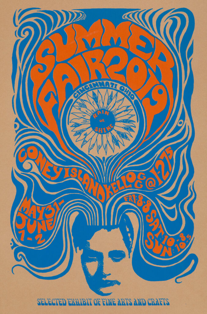 summer fair 2019 psychedelic poster in orange and blue