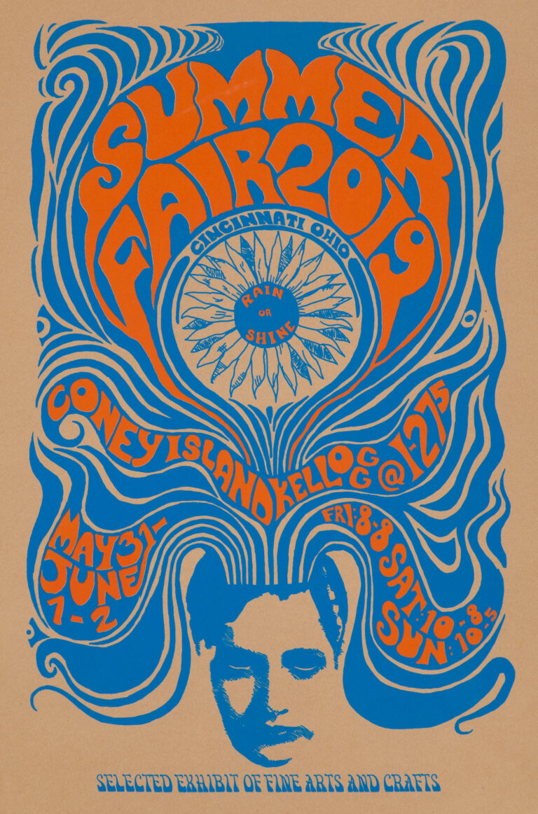 summer fair 2019 psychedelic poster in orange and blue