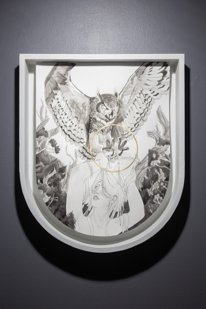 black and white crest shaped illustration of figure with owl