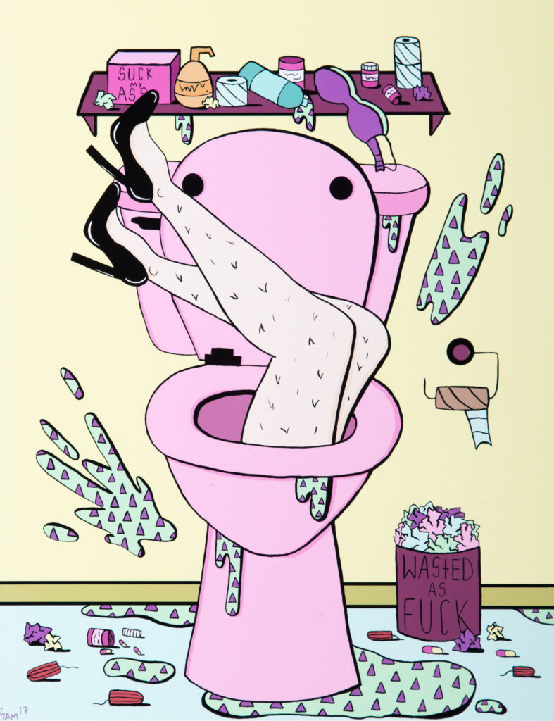 graphic image of legs coming out of toilet