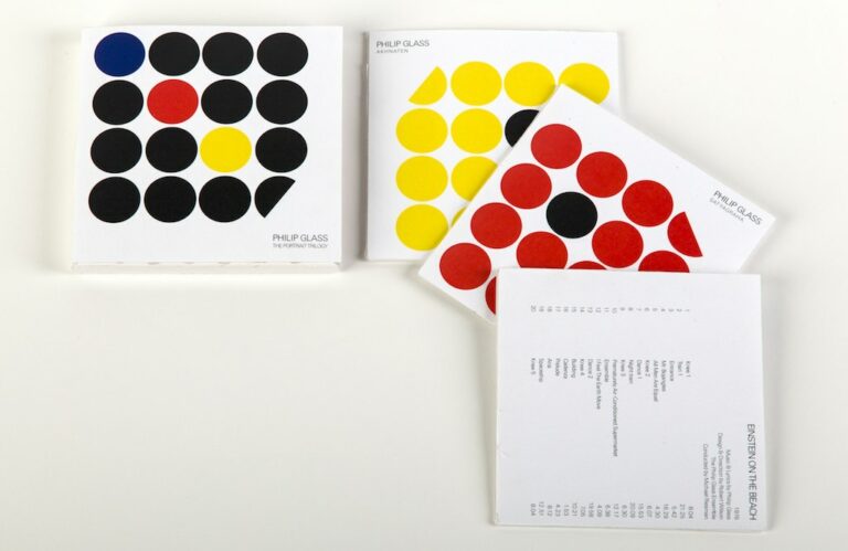 graphic design packaging with primary color and black dots on Philip Glass cd box set