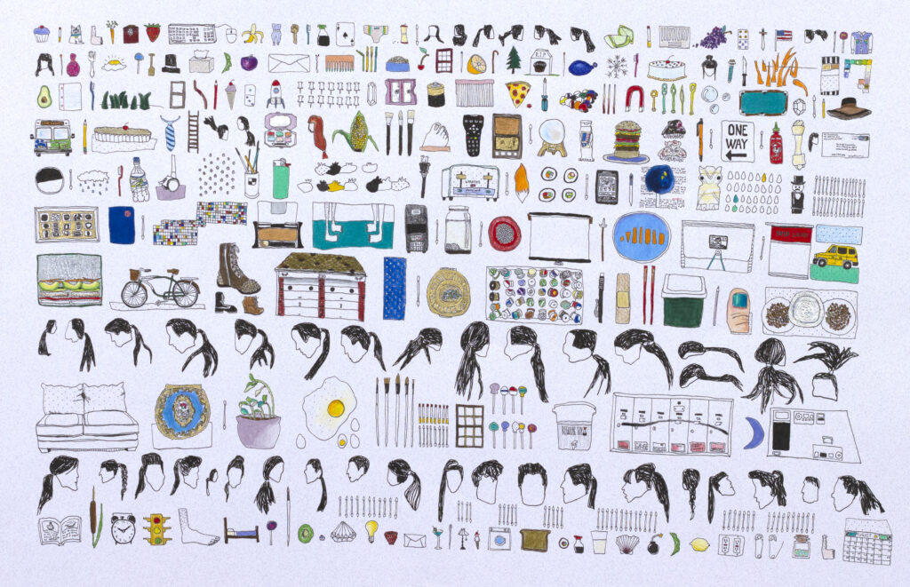 graphic illustration of objects and hair styles in pen and limited color