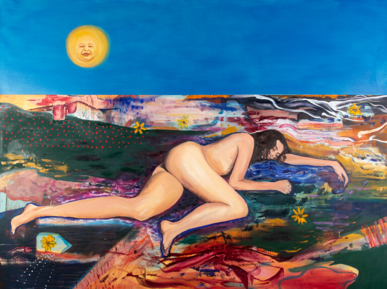 large painting of a figure in abstract blue landscape