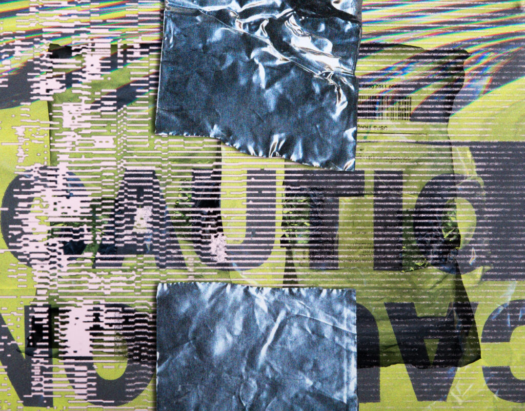 print of abstracted letter forms and paper- and glitch-like textures