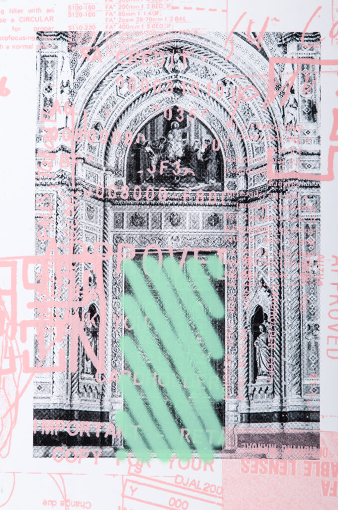 print of church interior overlayed with pink text and diagrams and partially obscured by airbrush green lines