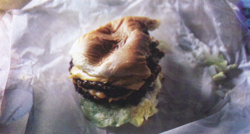 cmyk print of hamburger with smashed bun and bites taken out