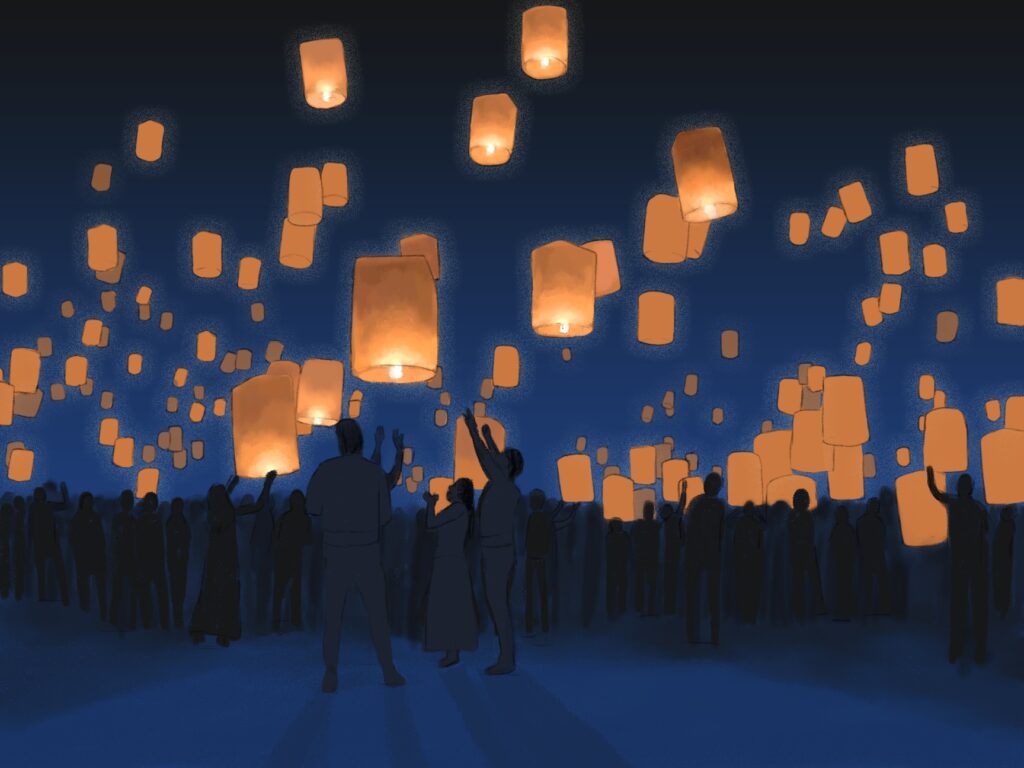 illustration of paper lanterns at night