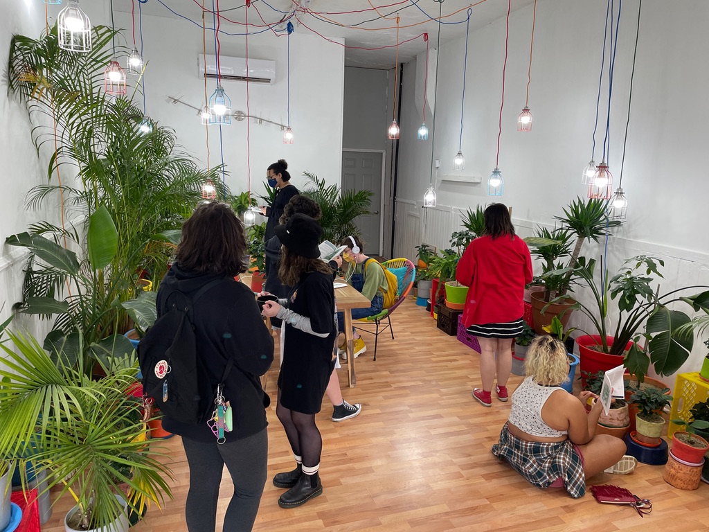 students in store with plants