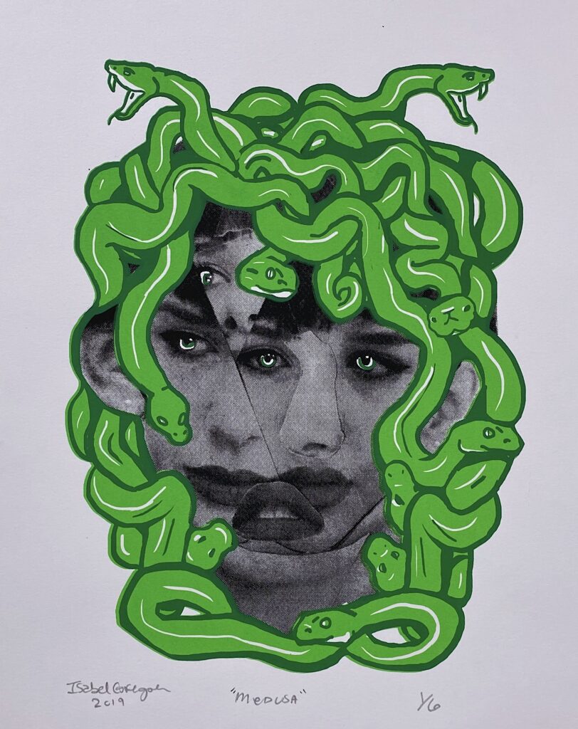 two-color print of green snakes around collaged black and white photograph of a woman's face