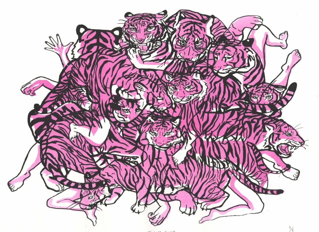 two-color pink and black print of mass made up of tigers intermingled with human limbs