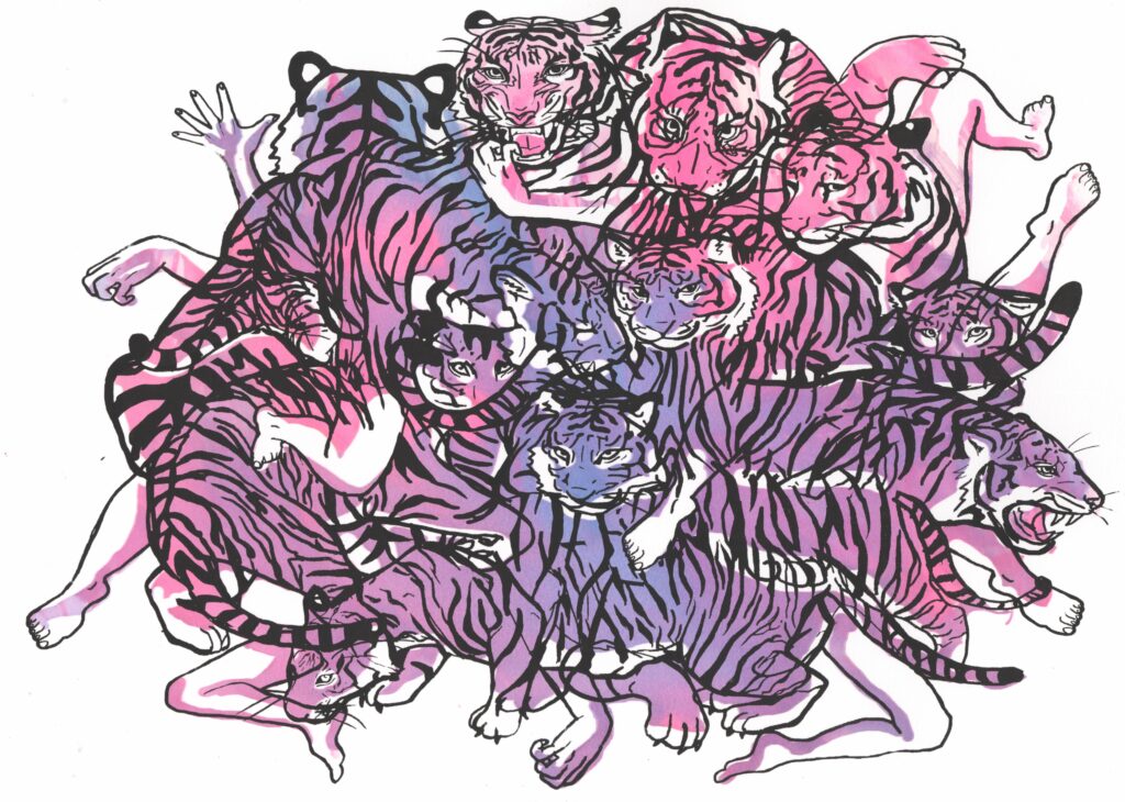 print of mass made up of tigers intermingled with human limbs
