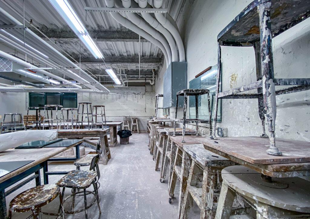 classroom covered in plaster dust