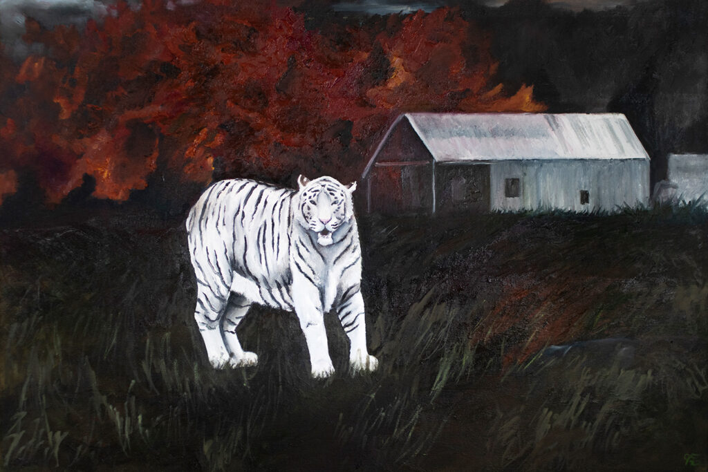 White lion painting infront of burning barn