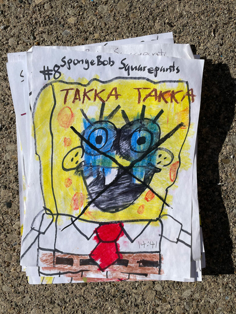 A drawing of the cartoon character SpongeBob overlapped by abstract marks, an X, and the text "Takka takka"