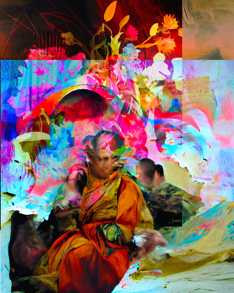 A figure in an orange and yellow robe, partially obscured by colorful, abstract digital shapes