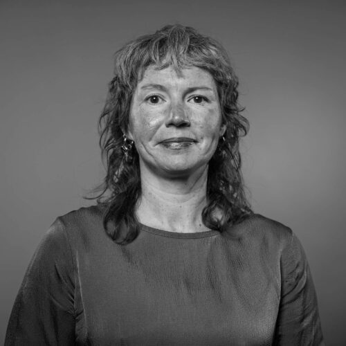 black and white headshot of woman