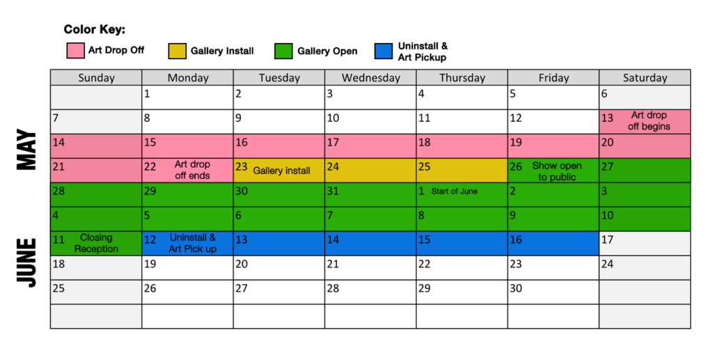 color-coded calendar indicating when important dates are for our show. May 13 to May 22 is art drop off; May 23 to May 25 install of the show; May 26 to June 11 the show is open to the public; June 11 is the closing reception; uninstall and art pick up is June 12 to June 16.