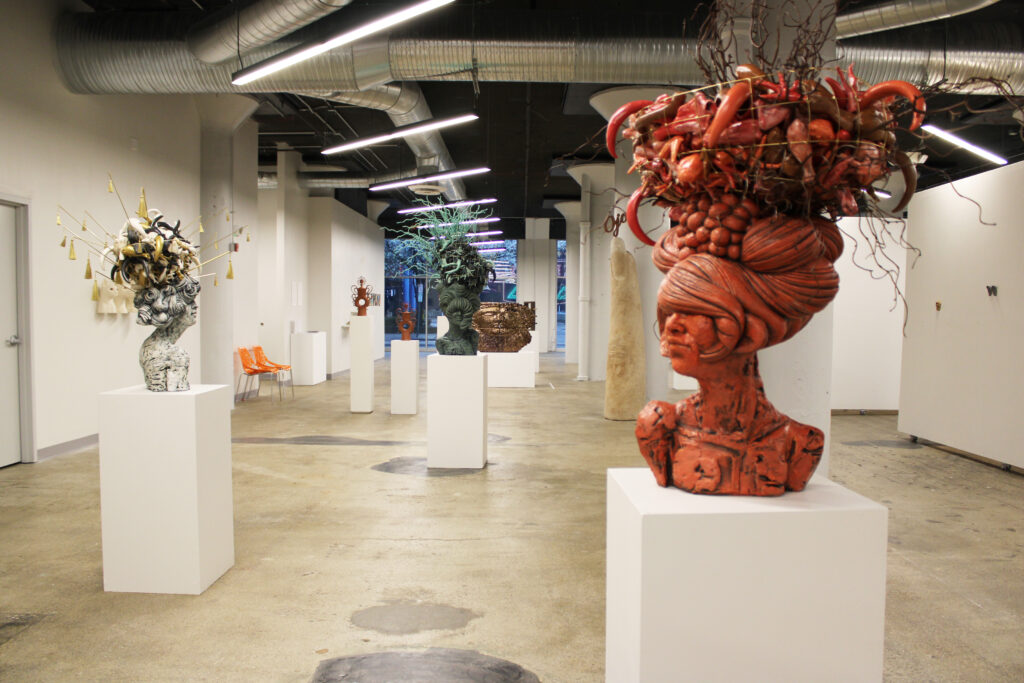 Ceramic sculptures on display as part of the NCECA conference in SITE1212 at the Art Academy of Cincinnati.