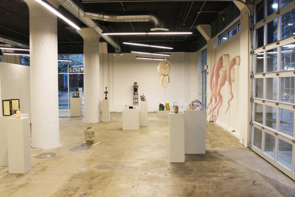 Ceramic sculptures on display as part of the NCECA conference in SITE1212 at the Art Academy of Cincinnati.