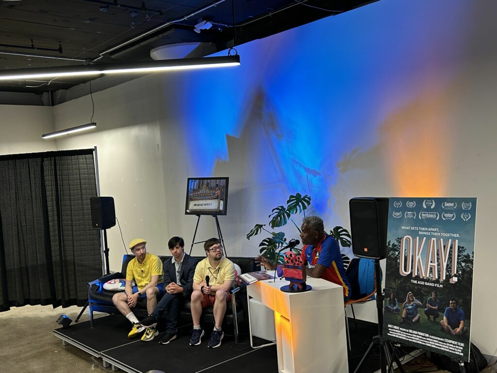 A panel of filmmakers speak during a panel at the 2023 OTR Film Festival in SITE1212 at the Art Academy of Cincinnati.