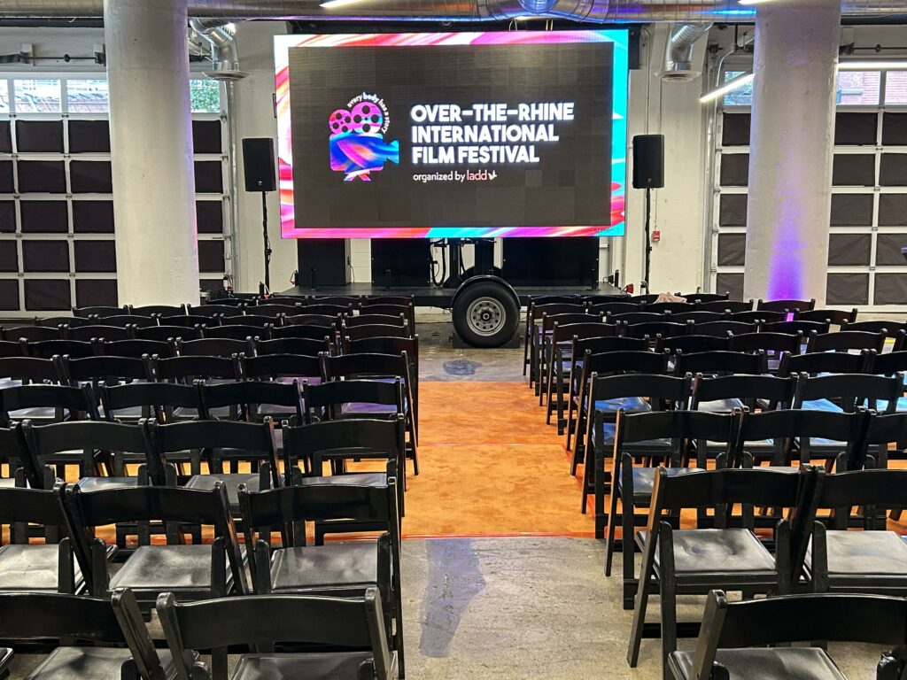 The screen and seating arrangement for the 2023 OTR Film Festival in SITE1212 at the Art Academy of Cincinnati.