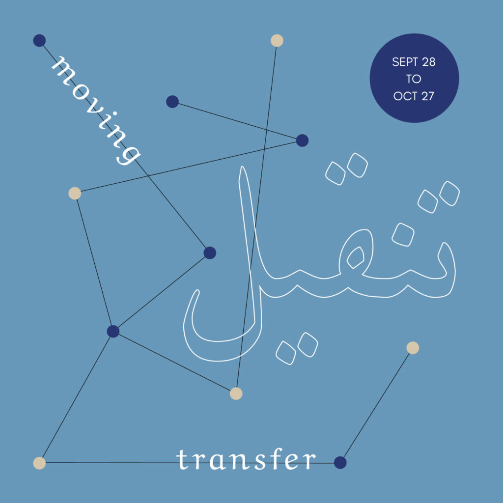 A graphic poster design with the words "moving" and "transfer" and the exhibition dates listed