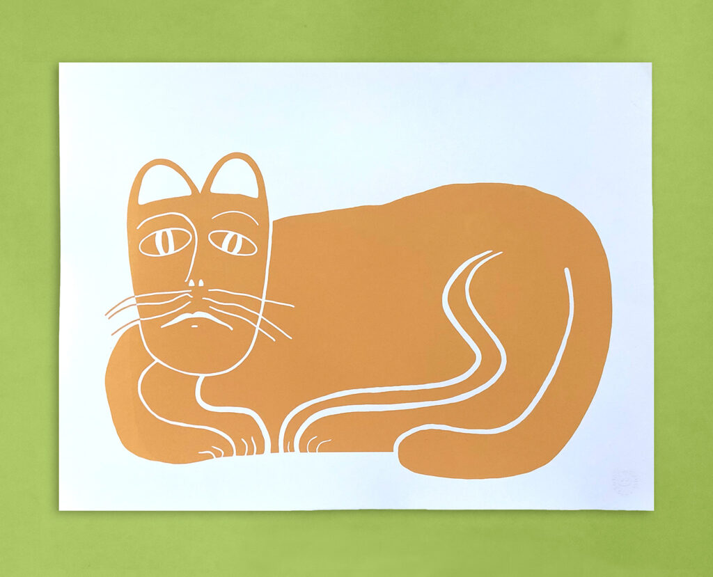 A printed illustration of an orange cat