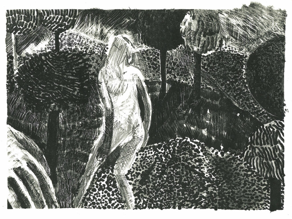 A black and white lithograph: an abstract figure in a landscape