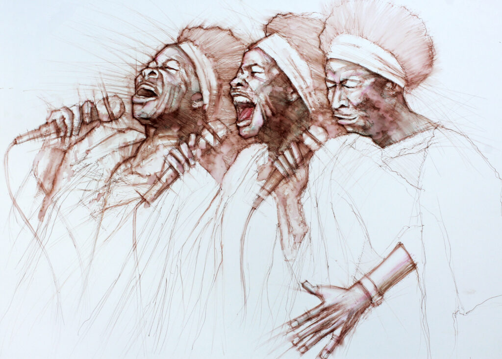 Three overlapping drawings of a singing person