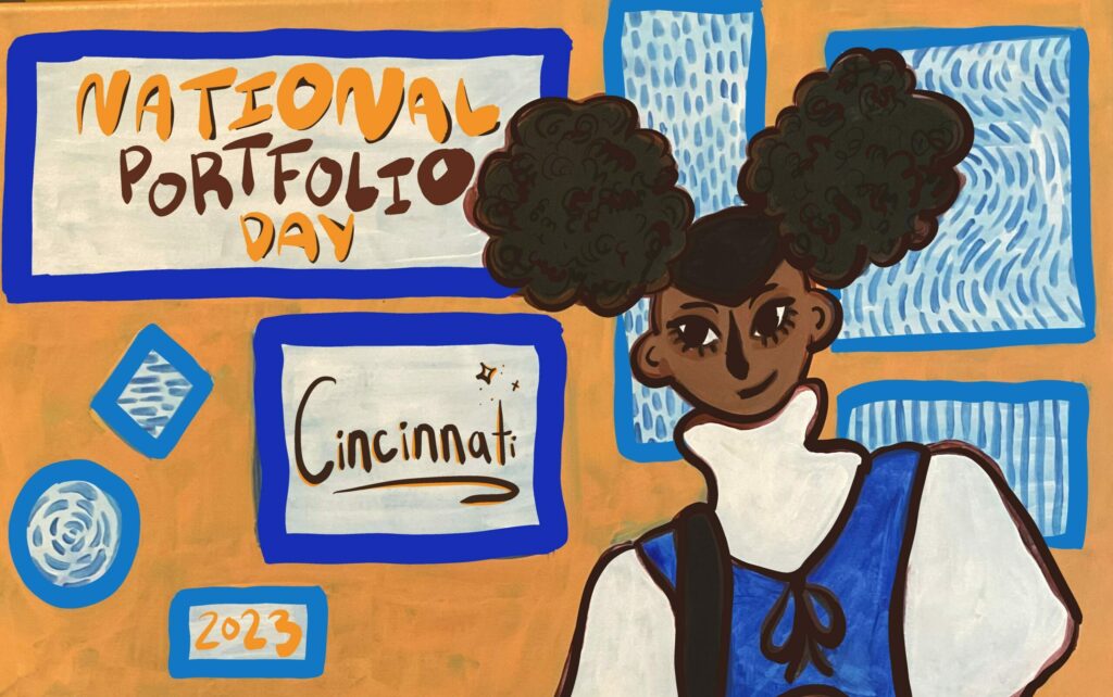 An illustration of a girl with poofy pigtails in front of salon-style frames, some of which say "National Portfolio Day" "Cincinnati" "2023" and "Hosted by the Art Academy of Cincinnati"