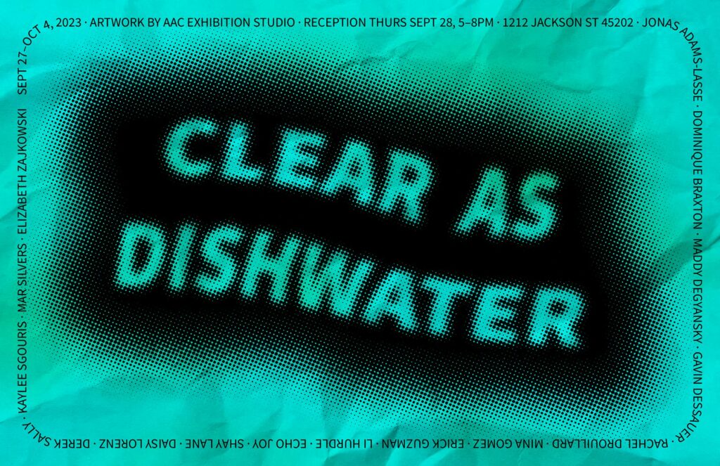 A blue promotional graphic for the exhibition "Clear as Dishwater"