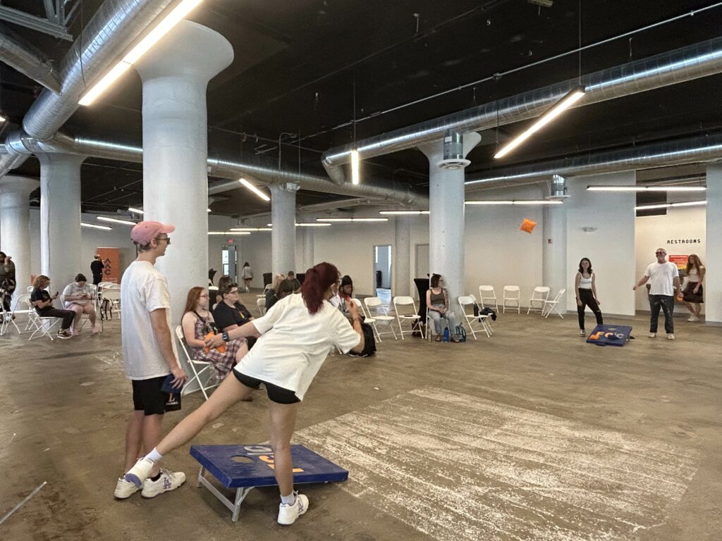 Students play Corn Hole in SITE1212 to conclude 2023 Orientation Week.