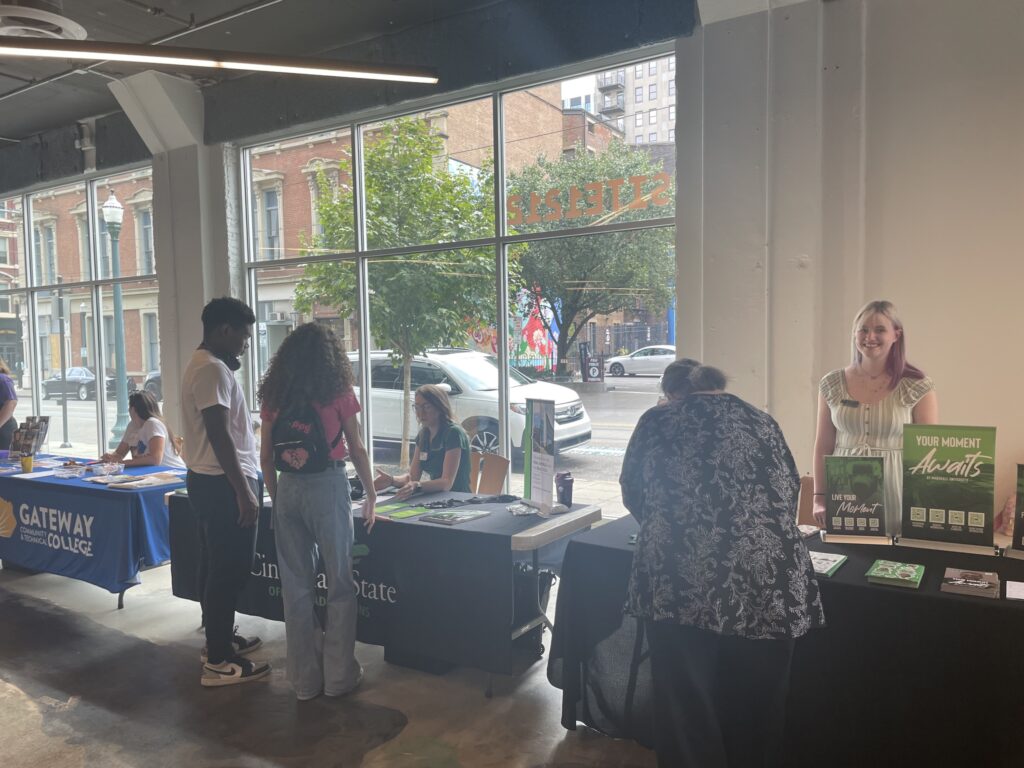 Students speak with prospective colleges at the Devonshire Smith College Fair in SITE1212 at the Art Academy of Cincinnati.