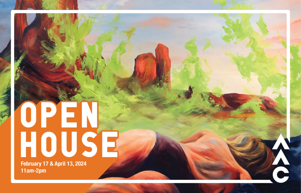 A landscape with a woman in underwear laying in the foreground. Open House February 17 & April 13, 2024 11AM-2PM is overlaid on top of the painting.