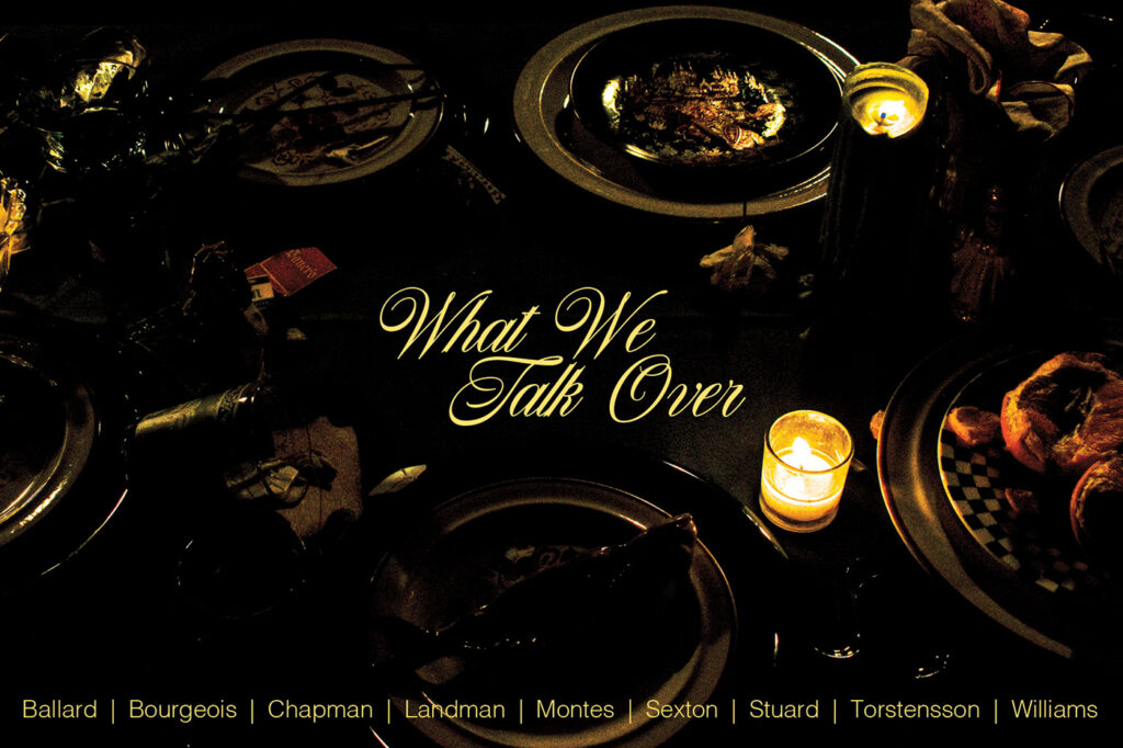 An image of a table setting with the show title "What We Talk Over"