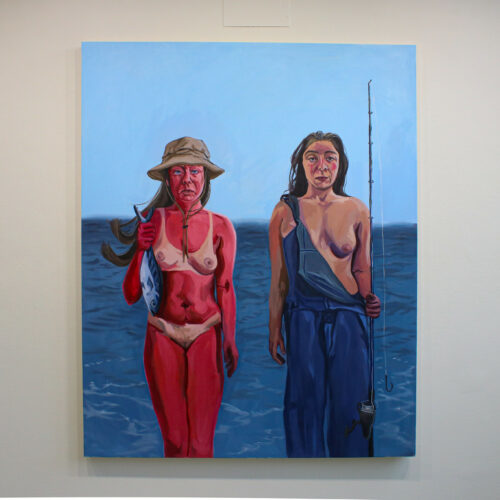 Two individuals painted straight forward, one figure is sunburnt holding fish and other individual is wearing overalls holding fishing rod by artist Rory Torstensson