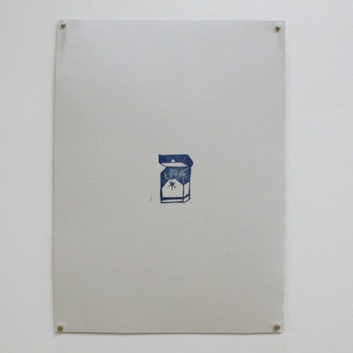 Blue ink screenprint of cigarette box by artist Felix Montes