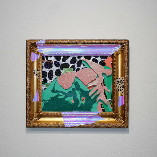 Gold Frame with 3d bodily figure with greens and pink textures by artist Walter Montgomery