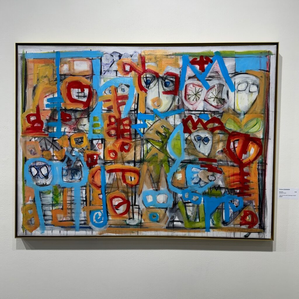 Abstract painting with blue, red, orange, yellow and white details