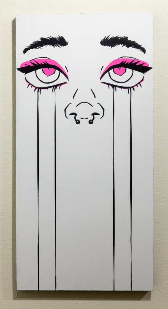 An illustration of eyes and a nose with heart shaped pupils and colorless, stylized tears